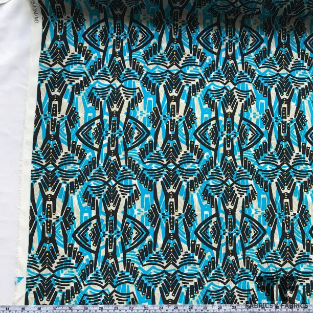 Abstract Ethnic Printed Silk Crepe de Chine - Blue/Black