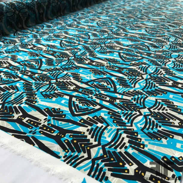 Abstract Ethnic Printed Silk Crepe de Chine - Blue/Black