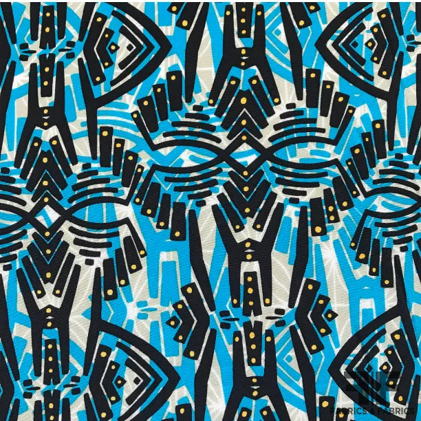 Abstract Ethnic Printed Silk Crepe de Chine - Blue/Black