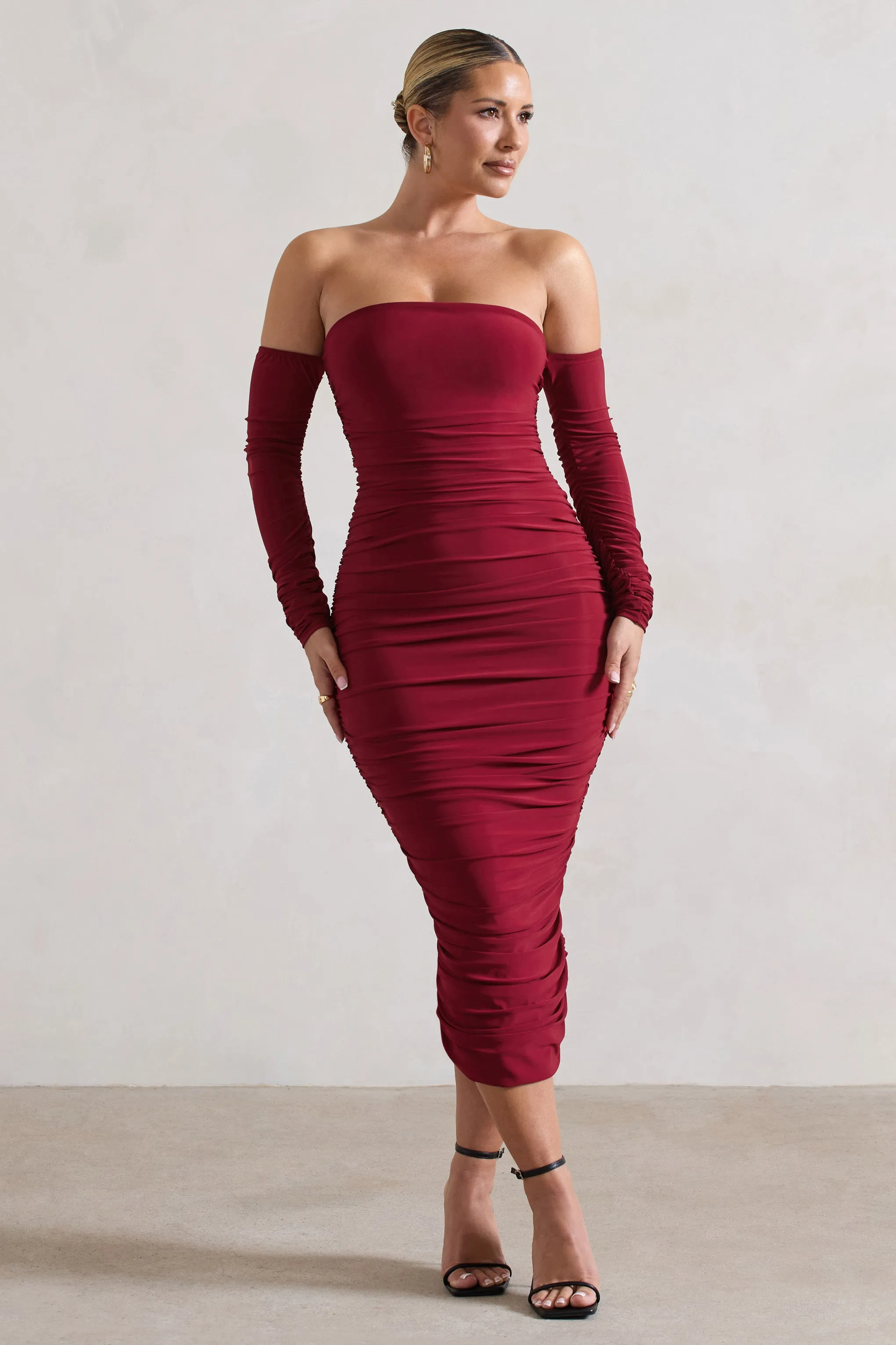 Anissa | Berry Ruched Bardot Midi Dress