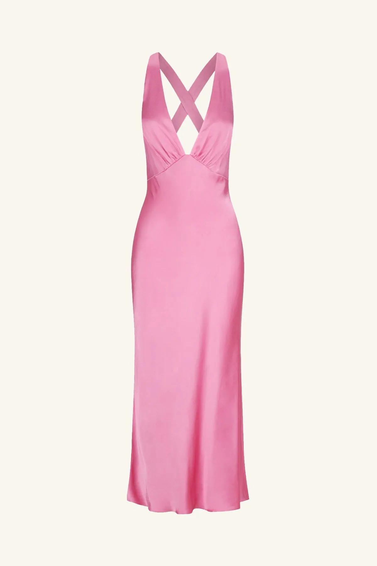 ARIENZO PLUNGED CROSS BACK MIDI DRESS - IBIS ROSE