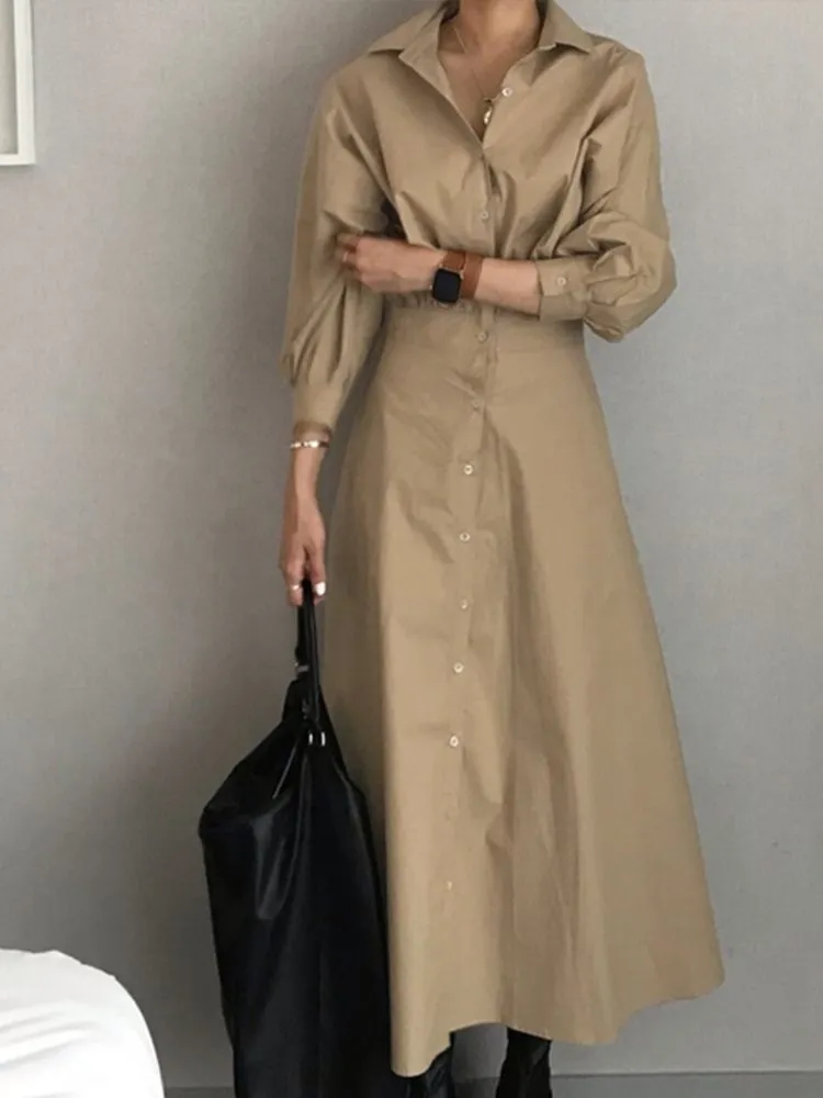 BerryBetty - 2024 Fashion Female A Line Robe Solid Lapel Vestidos Women Casual Long Sleeve Dresses Elegant Maxi Shirt Dress Oversized