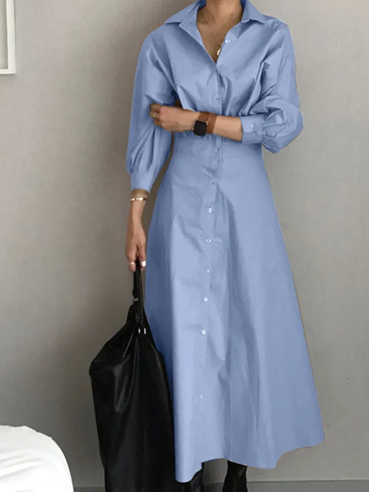 BerryBetty - 2024 Fashion Female A Line Robe Solid Lapel Vestidos Women Casual Long Sleeve Dresses Elegant Maxi Shirt Dress Oversized