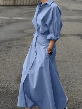 BerryBetty - 2024 Fashion Female A Line Robe Solid Lapel Vestidos Women Casual Long Sleeve Dresses Elegant Maxi Shirt Dress Oversized