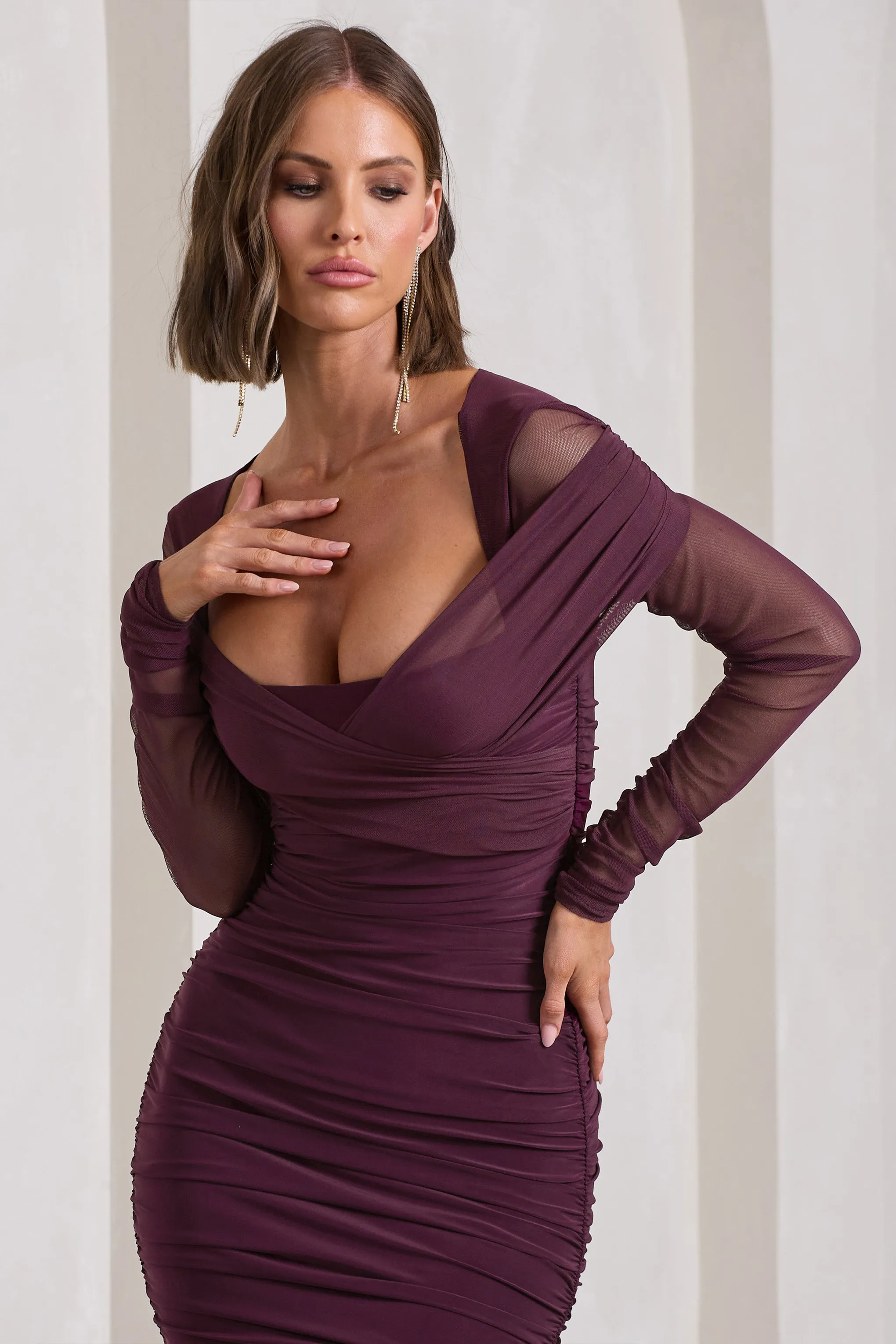 Between The Lines | Plum Ruched Mesh Long-Sleeved Bodycon Midi Dress