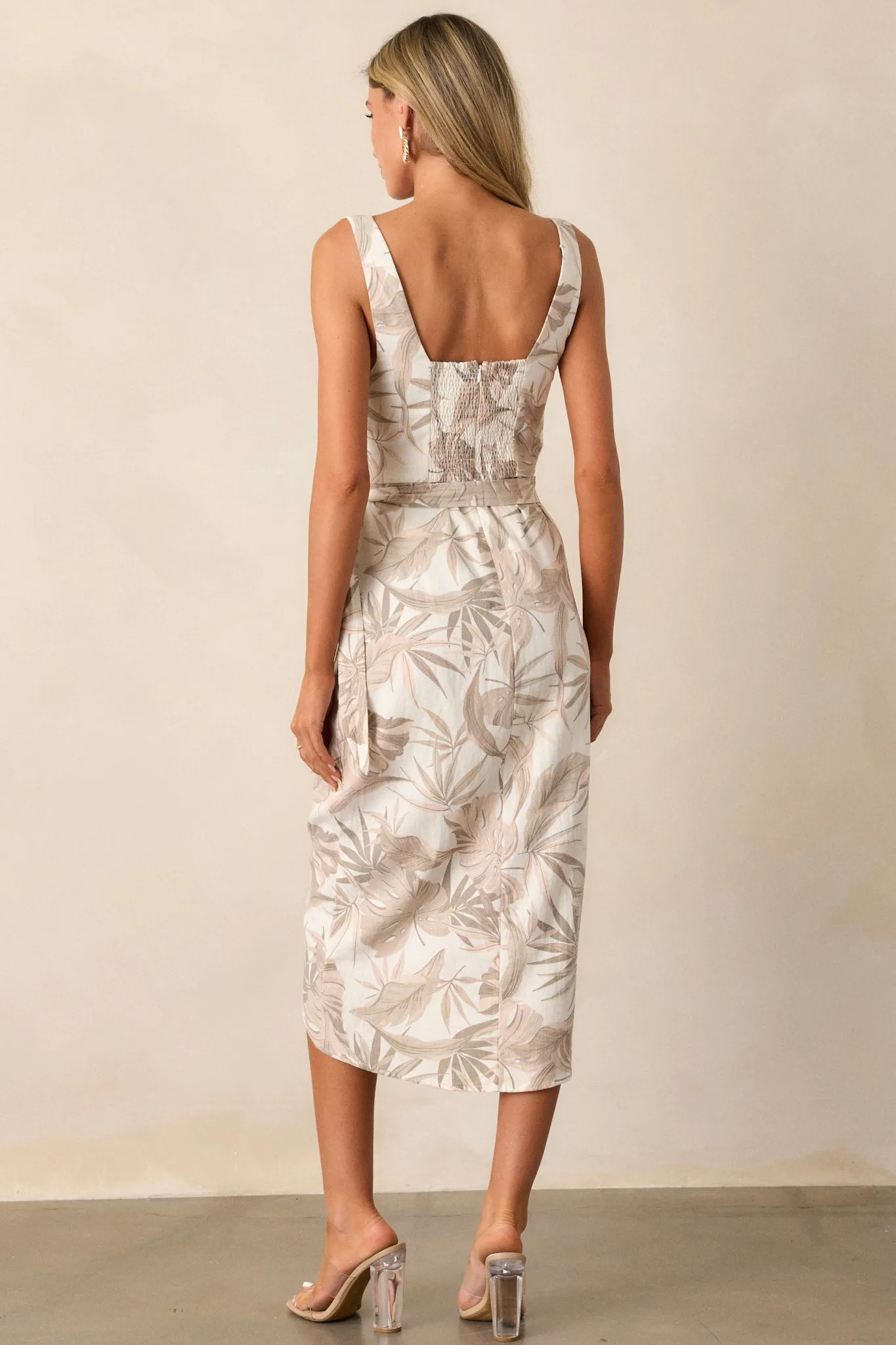 Coconut Cove Taupe Tropical Print Midi Wrap Dress