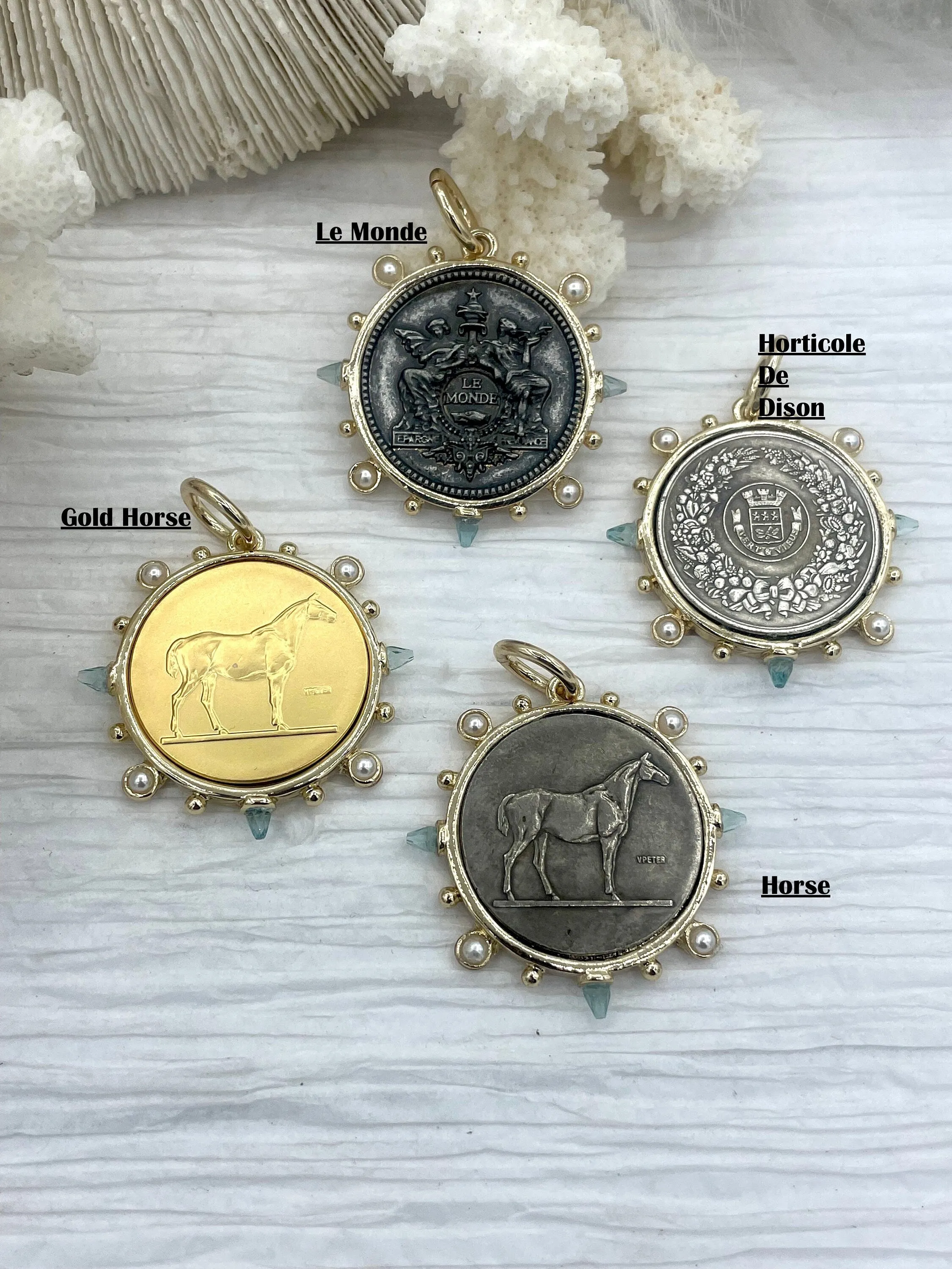 Optimized E-commerce Product Title: French Horticole De Dison Horse Coin Pendant with Bezel, Replicated Le Monde Coin, Aqua CZ and Pearl Accents