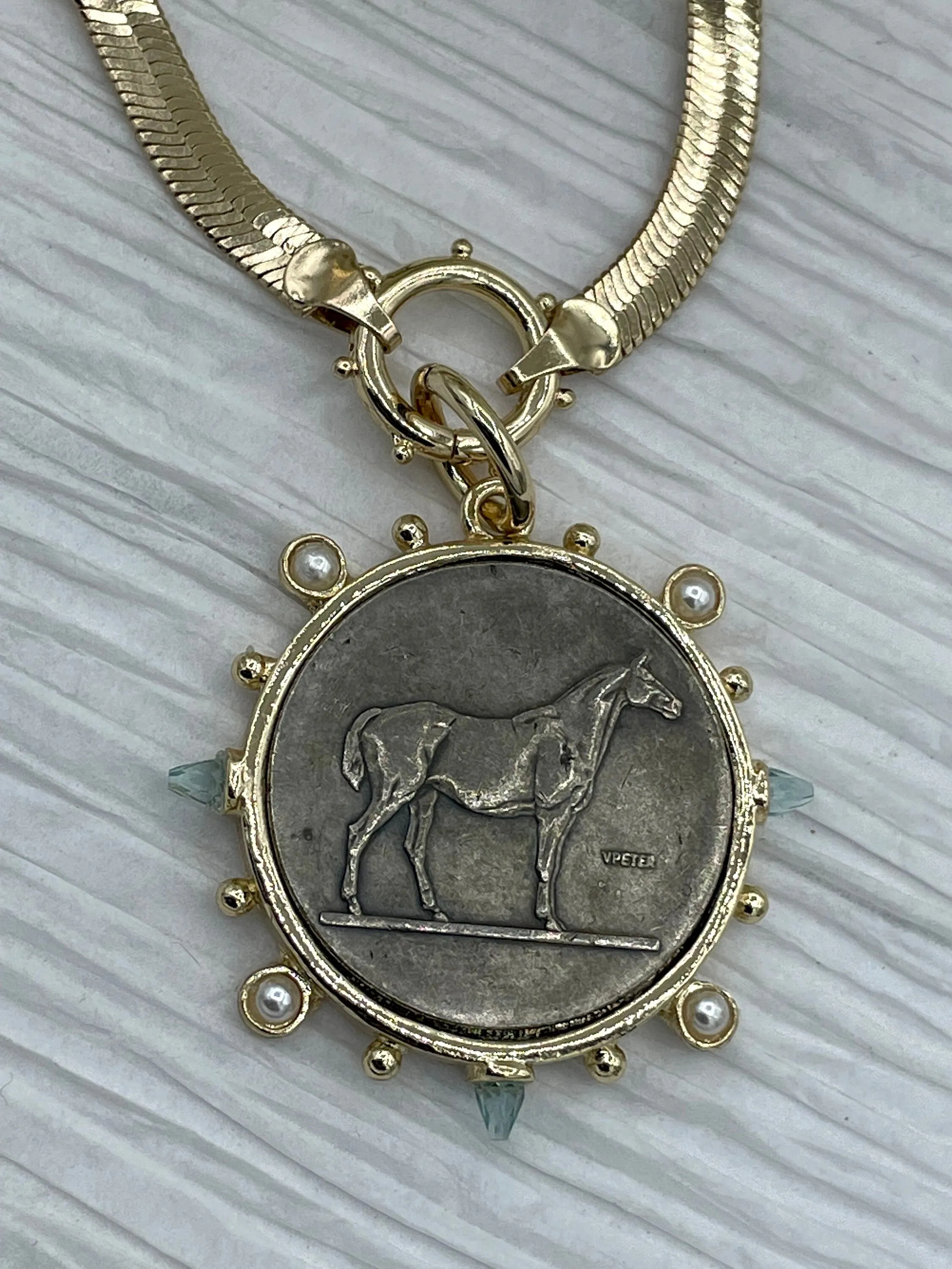 Optimized E-commerce Product Title: French Horticole De Dison Horse Coin Pendant with Bezel, Replicated Le Monde Coin, Aqua CZ and Pearl Accents