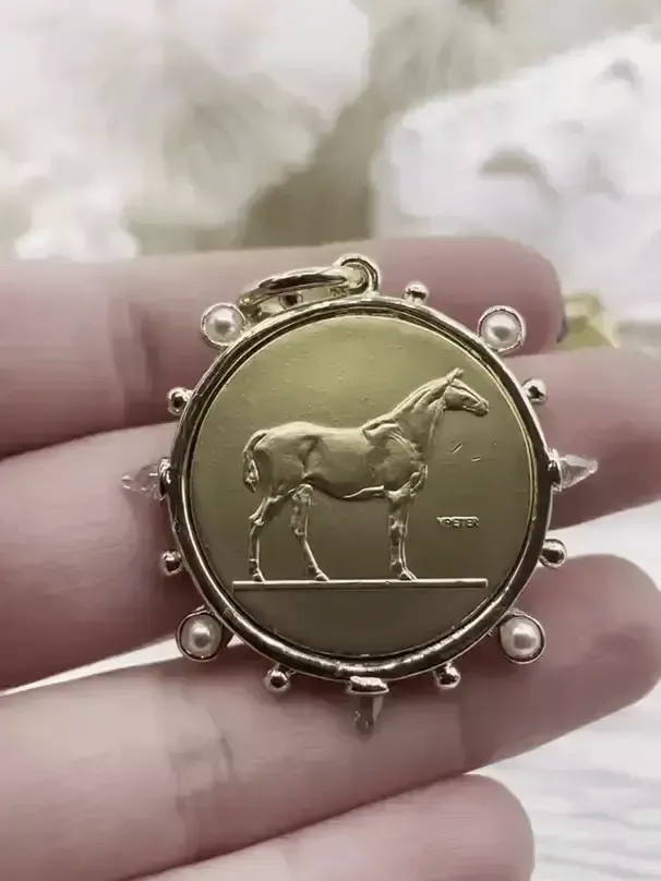 Optimized E-commerce Product Title: French Horticole De Dison Horse Coin Pendant with Bezel, Replicated Le Monde Coin, Aqua CZ and Pearl Accents