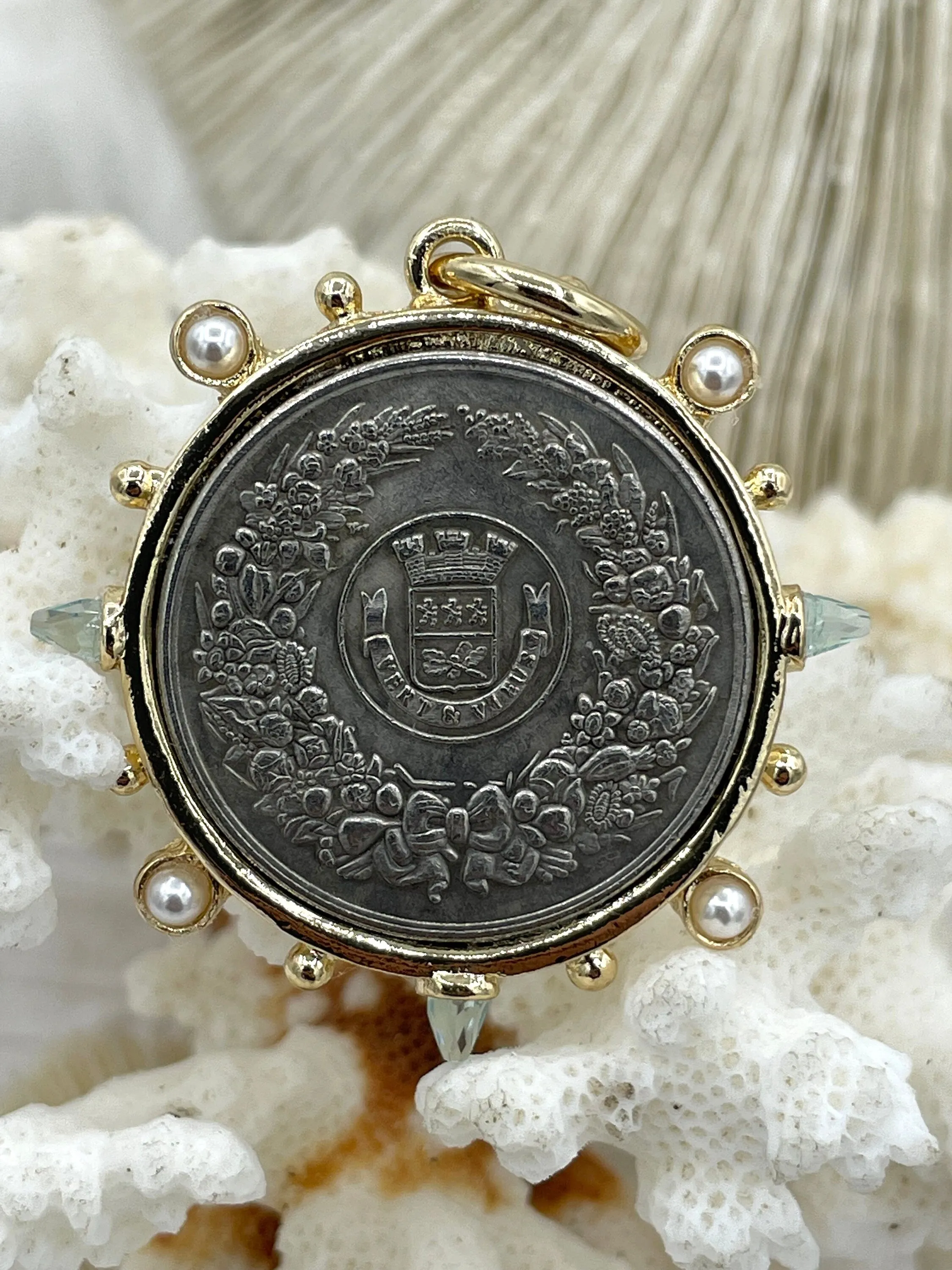 Optimized E-commerce Product Title: French Horticole De Dison Horse Coin Pendant with Bezel, Replicated Le Monde Coin, Aqua CZ and Pearl Accents