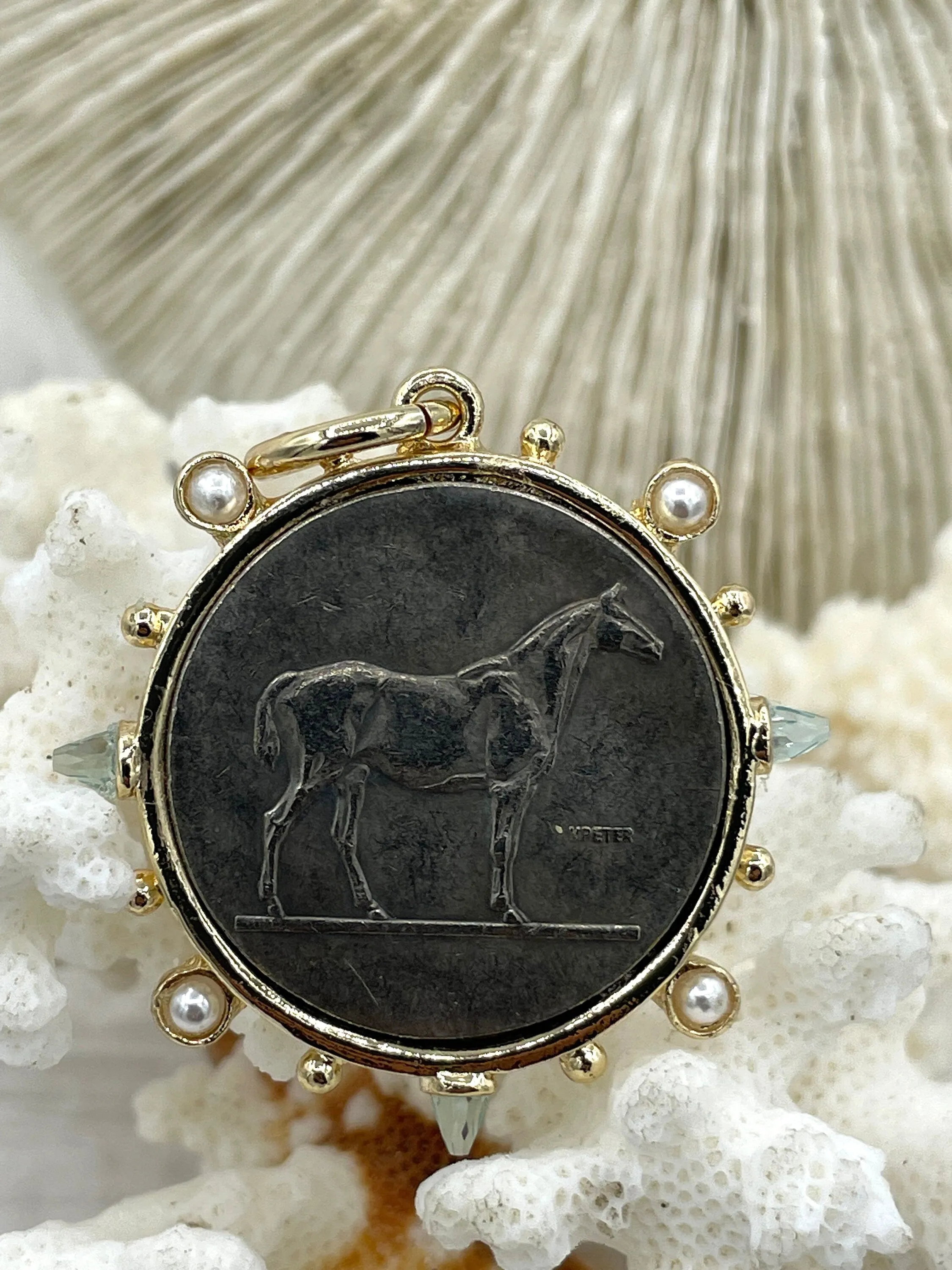 Optimized E-commerce Product Title: French Horticole De Dison Horse Coin Pendant with Bezel, Replicated Le Monde Coin, Aqua CZ and Pearl Accents