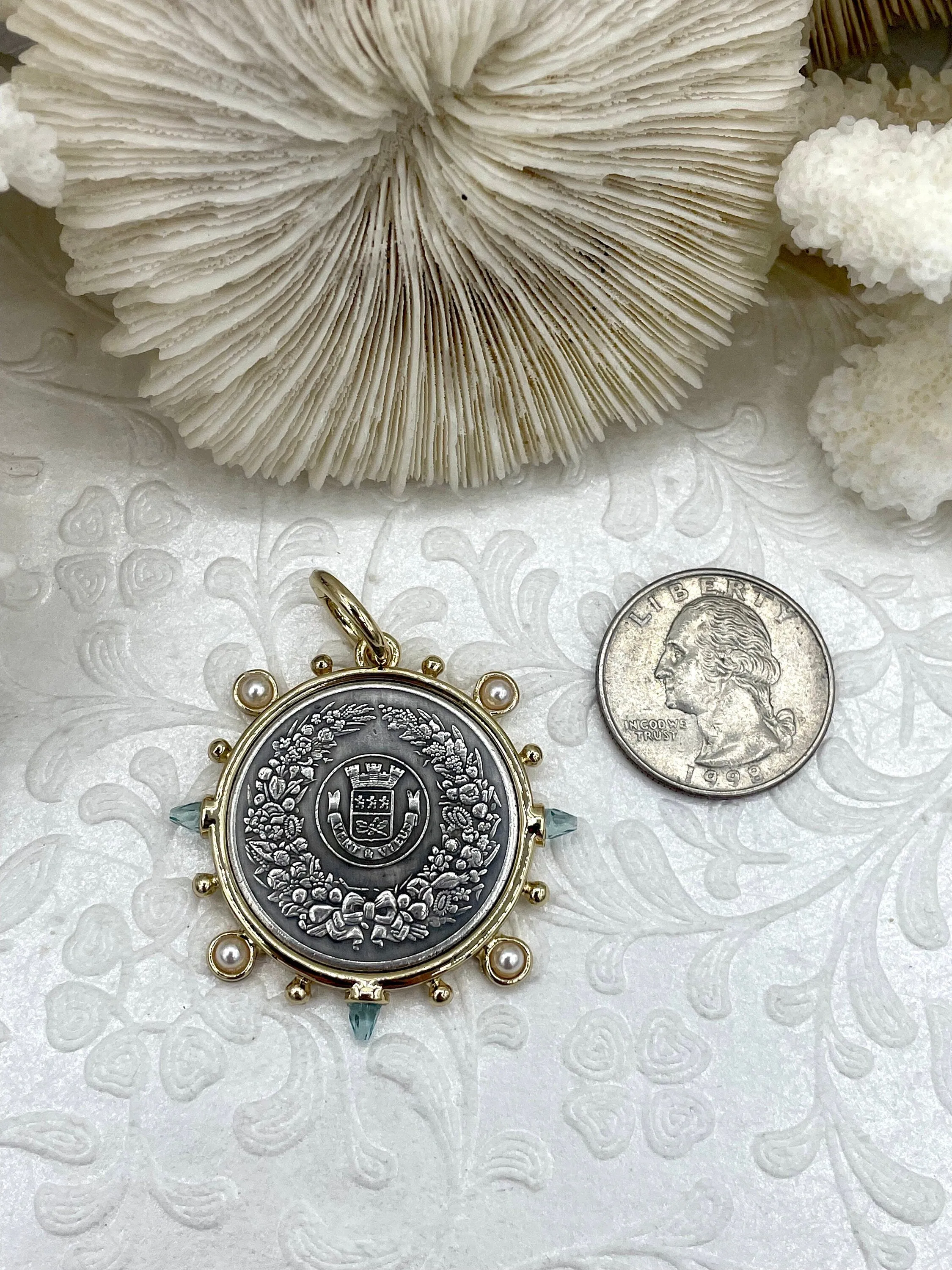 Optimized E-commerce Product Title: French Horticole De Dison Horse Coin Pendant with Bezel, Replicated Le Monde Coin, Aqua CZ and Pearl Accents