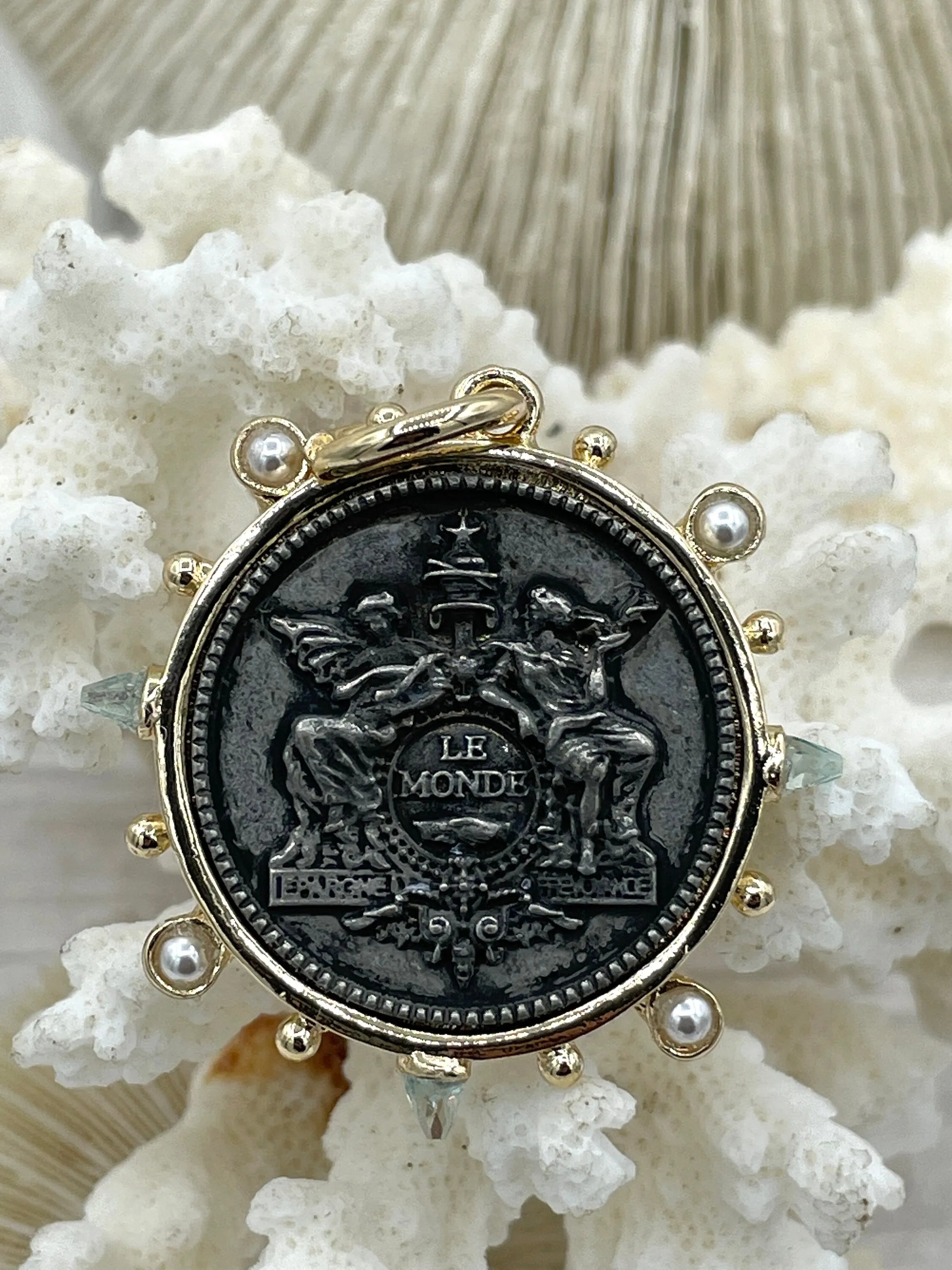 Optimized E-commerce Product Title: French Horticole De Dison Horse Coin Pendant with Bezel, Replicated Le Monde Coin, Aqua CZ and Pearl Accents