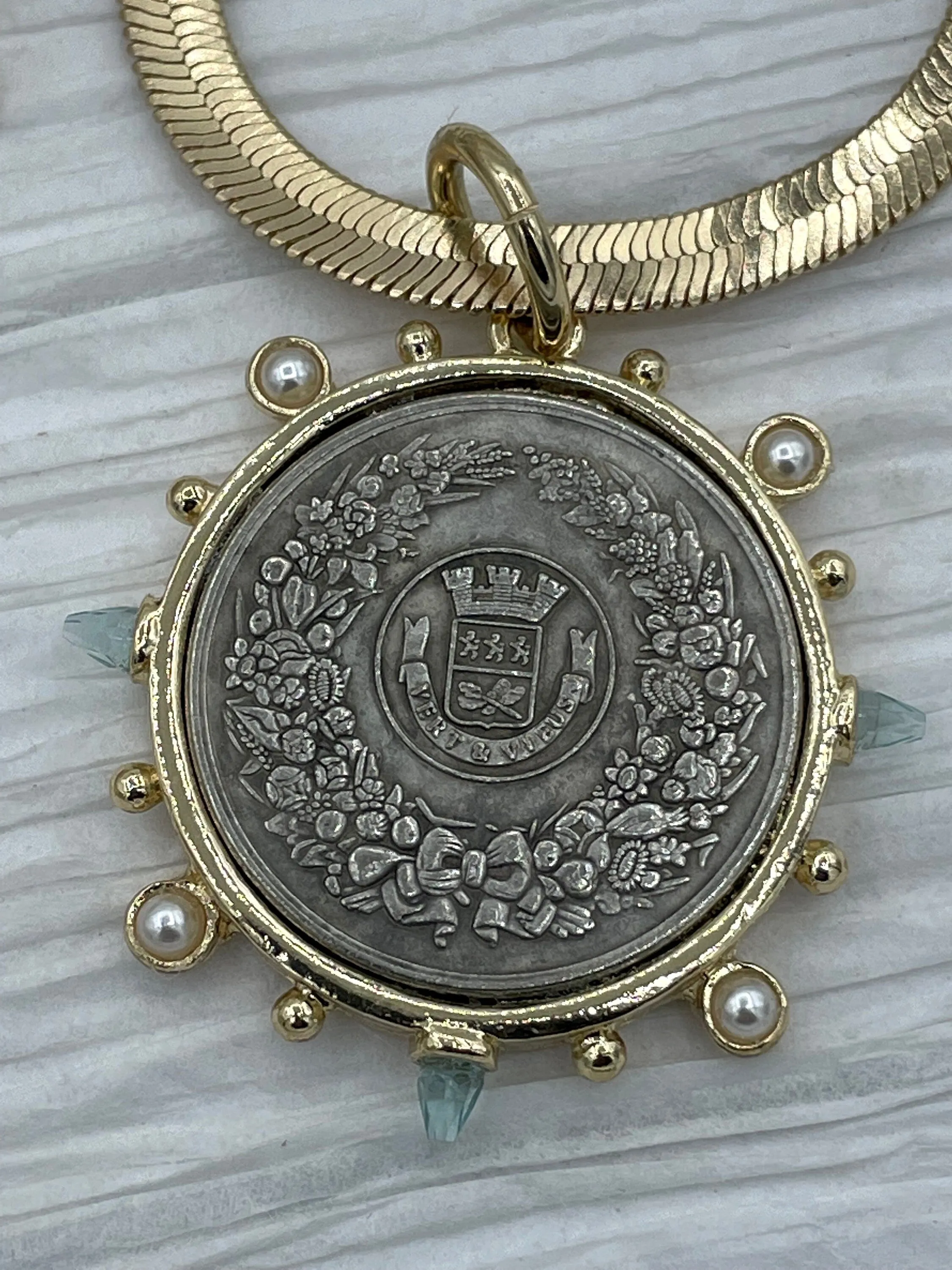 Optimized E-commerce Product Title: French Horticole De Dison Horse Coin Pendant with Bezel, Replicated Le Monde Coin, Aqua CZ and Pearl Accents