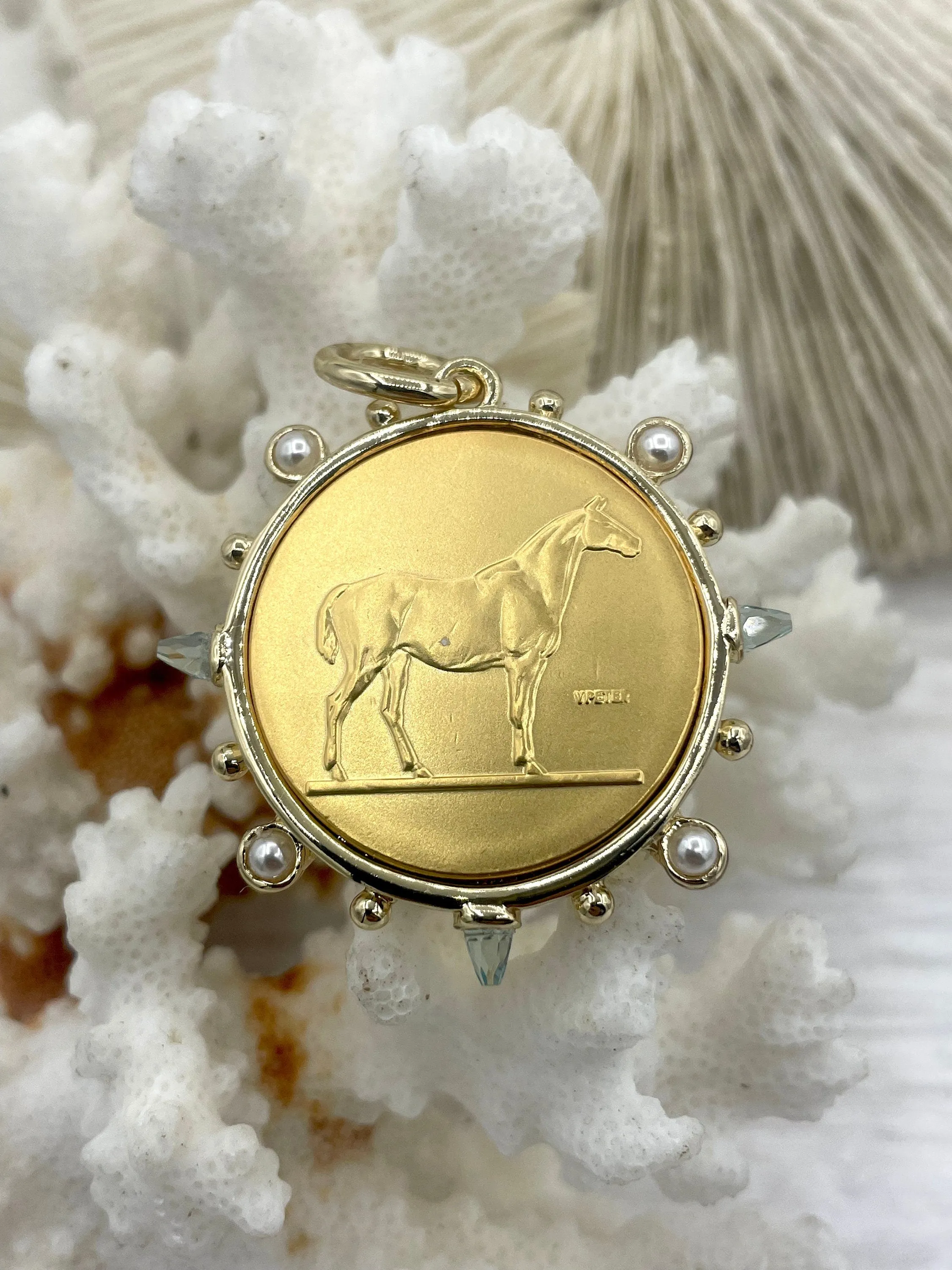 Optimized E-commerce Product Title: French Horticole De Dison Horse Coin Pendant with Bezel, Replicated Le Monde Coin, Aqua CZ and Pearl Accents