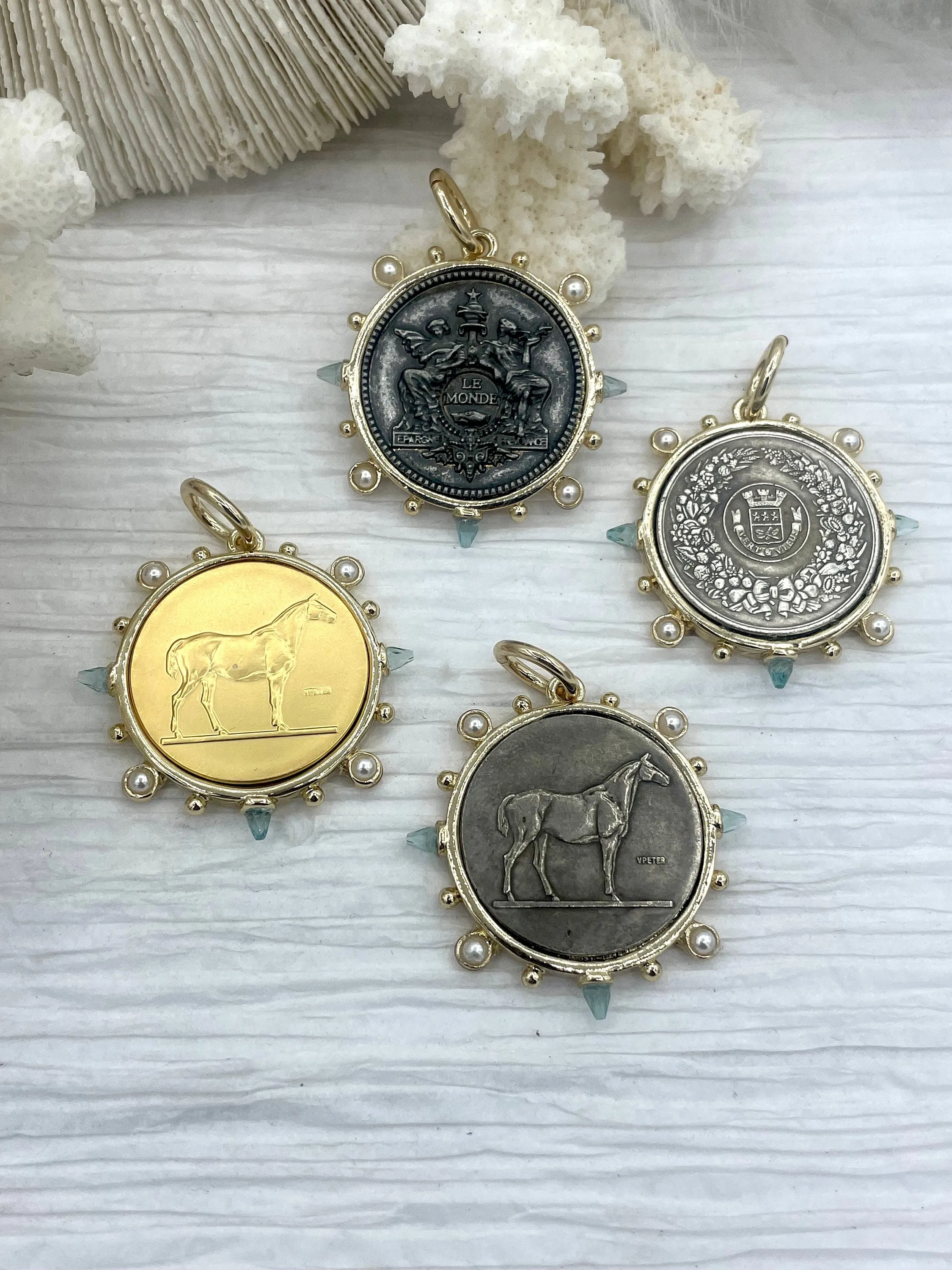 Optimized E-commerce Product Title: French Horticole De Dison Horse Coin Pendant with Bezel, Replicated Le Monde Coin, Aqua CZ and Pearl Accents