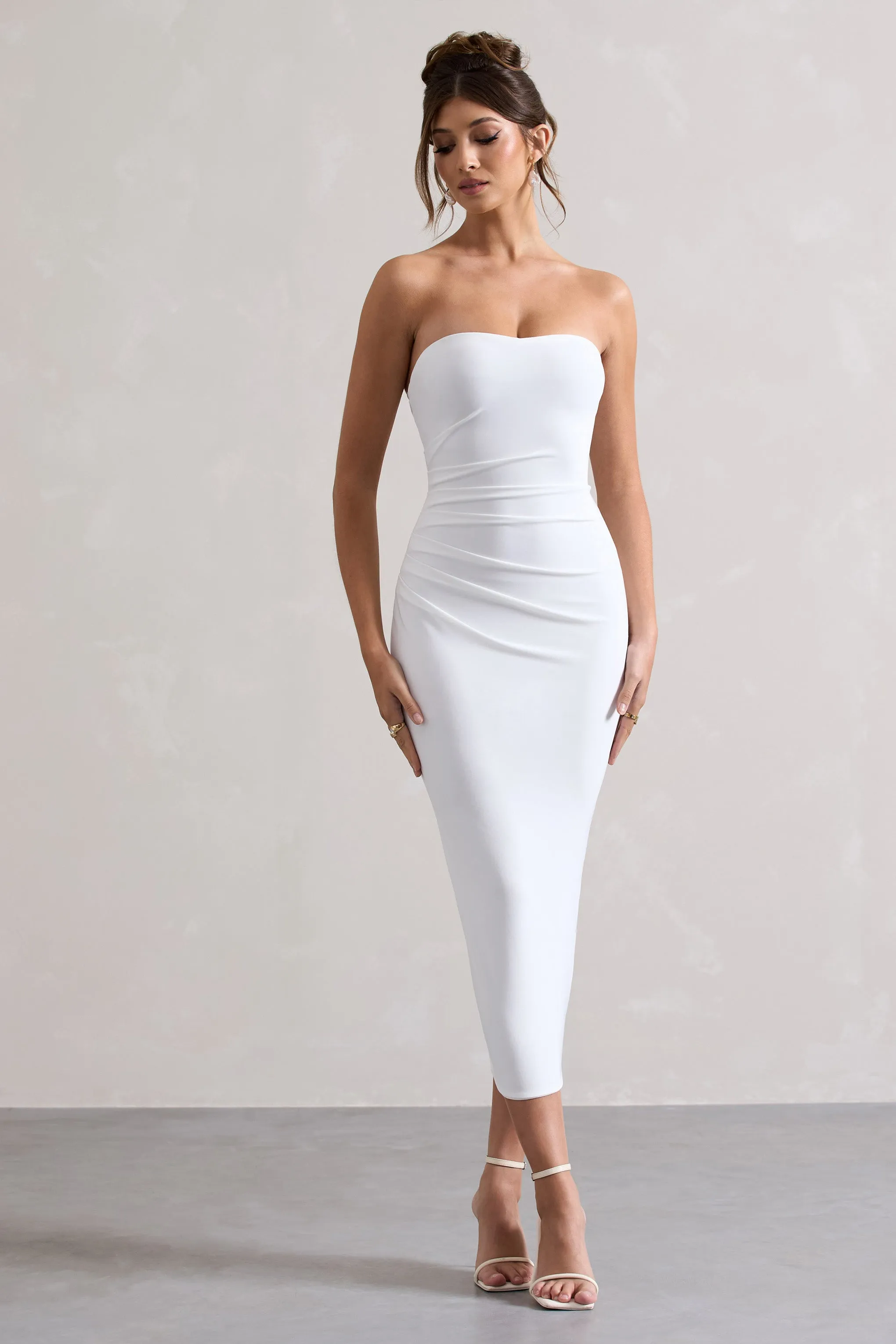 East End | White Strapless Gathered Midi Dress