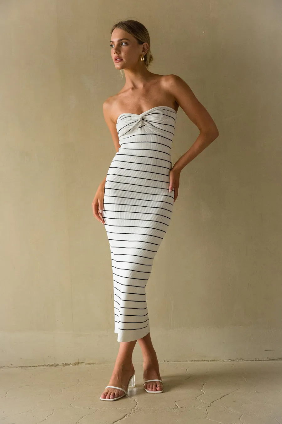 Jaclyn Strapless Twist Front Knit Midi Dress