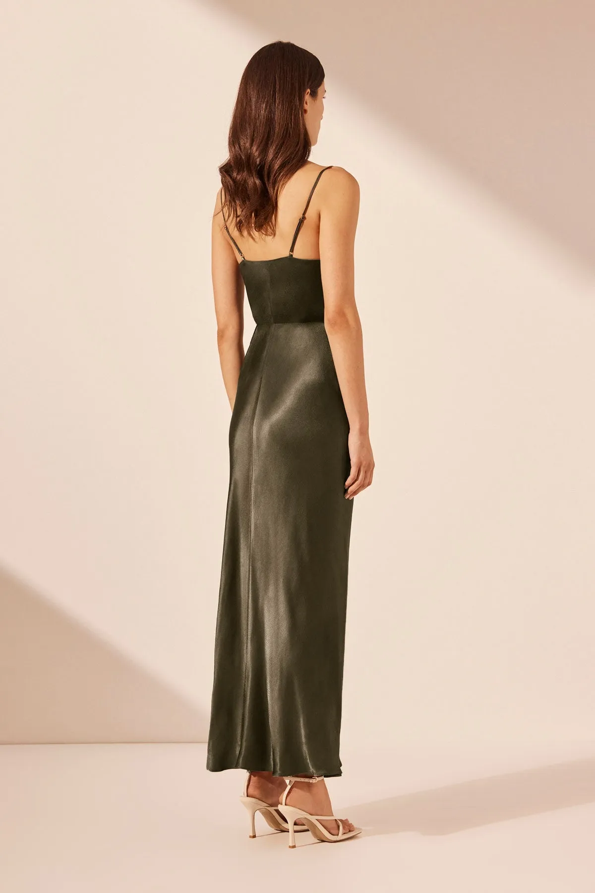 LA LUNE DRAPED SIDE SPLIT MIDI DRESS - FOREST