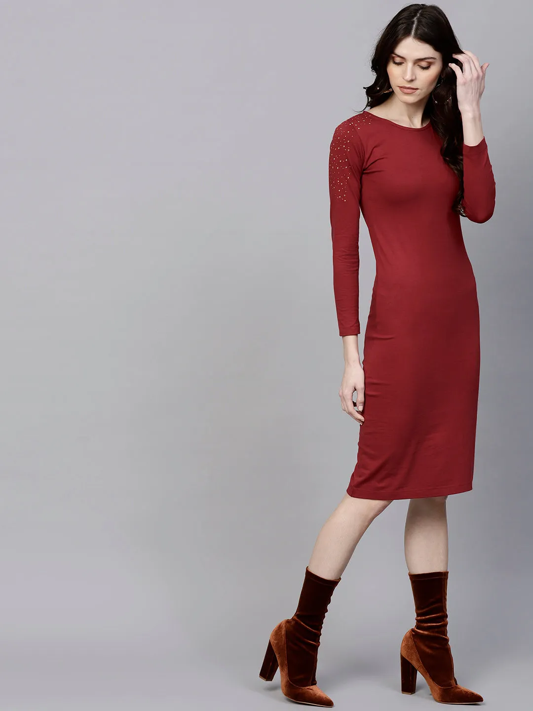 Maroon Bodycon Studded Dress