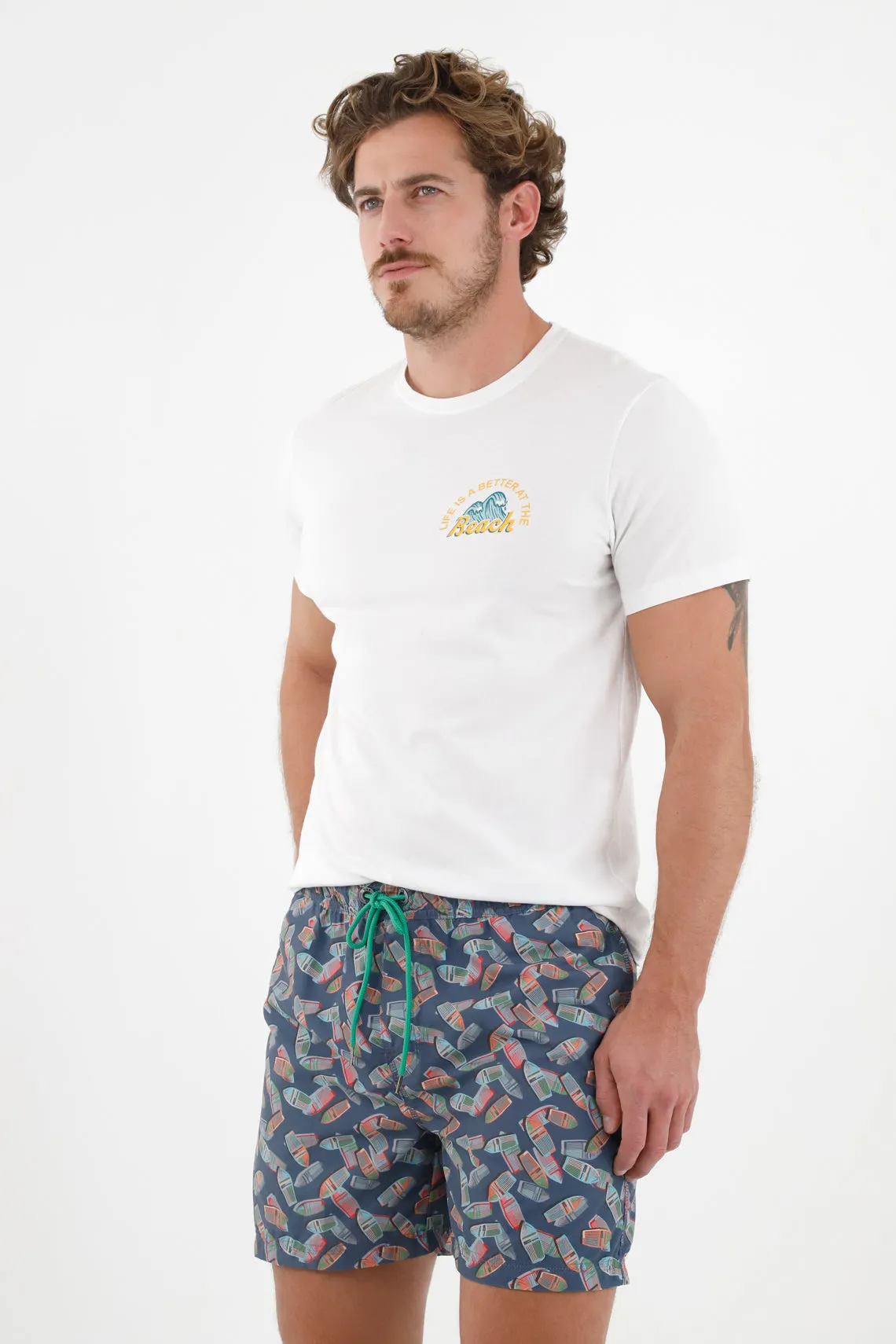 Pantaloneta de baño azul estampada para hombre