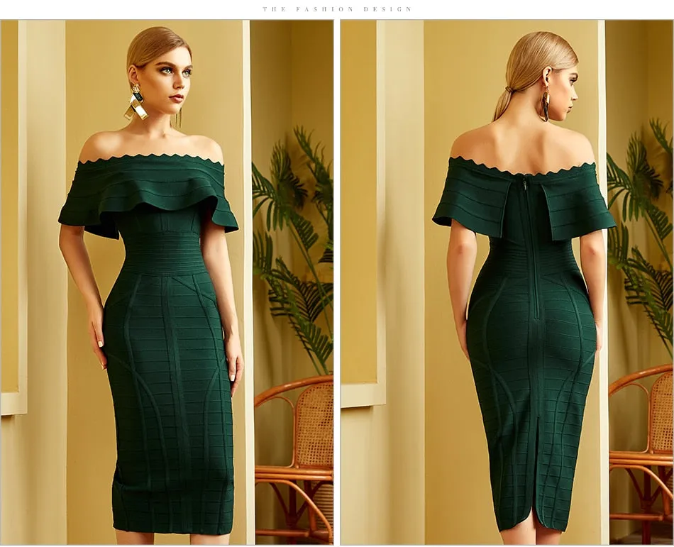 Women Green Off Shoulder Bandage Dress